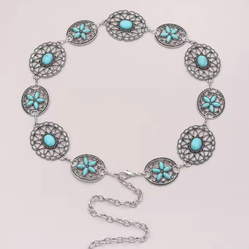 Western Bohemian Silver Emblem Belt Turquoise Waist Chain Versatile Belt NeW